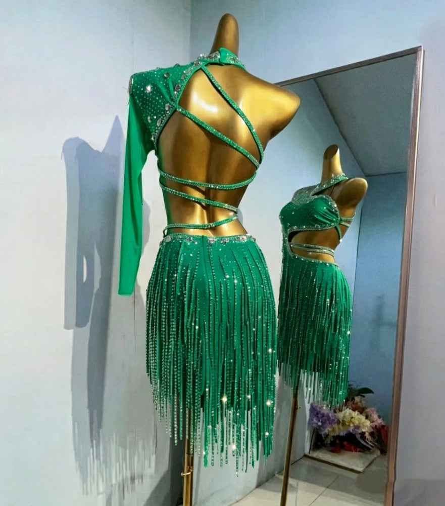 Custom Size One Shoulder Emerald Green Latin Dance Dress with Rhinestone Fringe