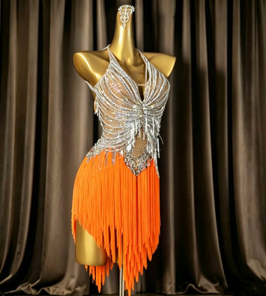 Custom Size Professional Hot Pink Tassel Latin Rhythm Dress with Silver Crystals
