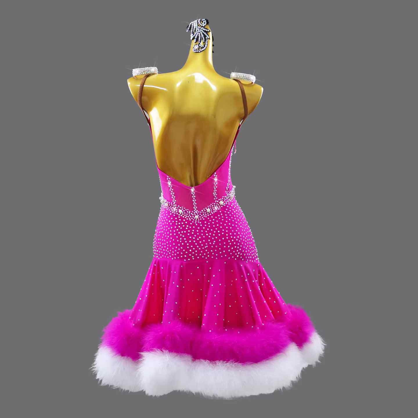 Custom Size Fuchsia Competition Latin Dance Dress Feather Slant Neck Salsa Chacha Costumes