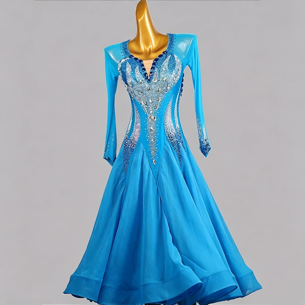 Custom Size CompetitionTurquoise Ballroom Dance Dress for Women Blue Crystal Waltz Tango Performance Gown