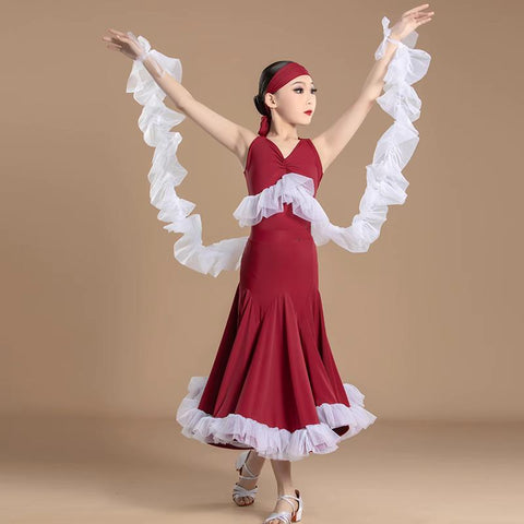 Wine Ballroom Dance Dresses for Girls Kids Waltz Tango Training Performance Costumes with Float Sleeves