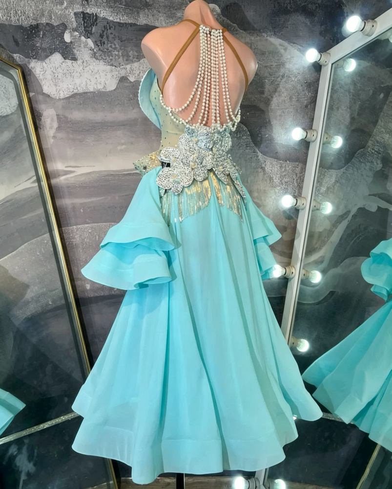 Custom Size Turquoise Petal Bling Fringe Ballroom Dance Dress Ruffle Skirt Waltz Tango Performance Gown