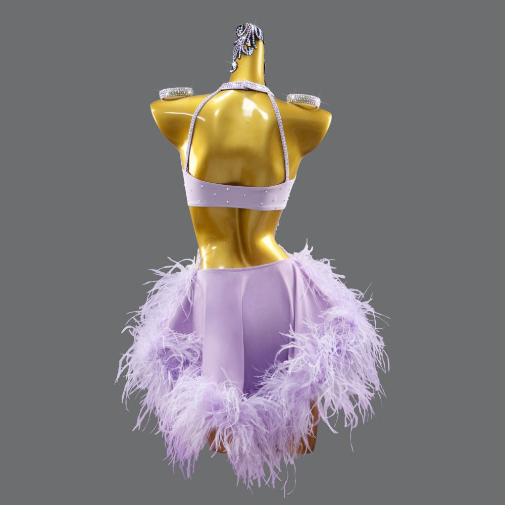 Custom Size Lavender Purple Latin Dance Competition Dress with Ostrich Feathers  Rhinestone Fringe for Women