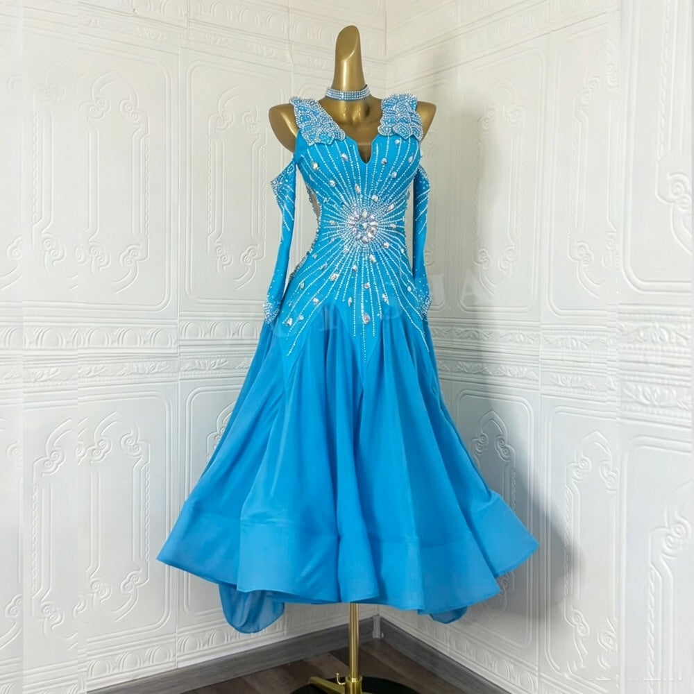 Custom Turquoise Blue Ballroom Dance Dress Luxury Modern Waltz Competition Gown