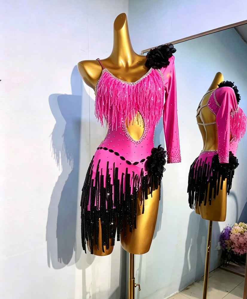 Custom Size Competition Rhinestone Latin Dance Dress Turquoise Fuchsia Bling Fringe