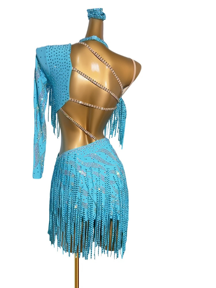 Custom Size Turquoise Competition Latin Dance Dresses for Women Girls Stones Salsa Rumba Chacha Blackpool Performance Costumes