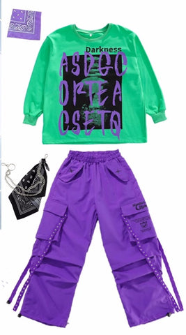 Children's Purple Green Hip-hop Jazz Dance Street Costumes for Girls Boys Rapper Singers Gogo Dancers Dance Clothing Party Model Show Outfits - Moderndancedress.com