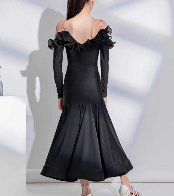 Black Latin Ballroom Dance Professional Competition Dresses for Kids Girls Dew Shoulder Boat Neck Long-sleeved Waltz Tango Dance Skirts - Moderndancedress.com