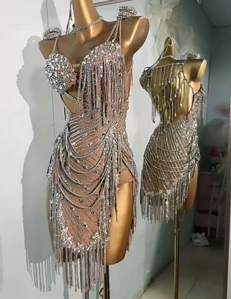Custom Size Flesh Bling Competition Latin Dance Dresses for Women Girls Salsa Rumba Blackpool Dance Wear - Moderndancedress.com
