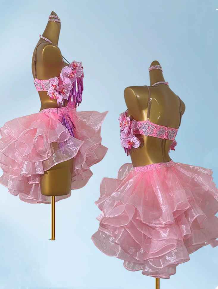 Custom Size Pink Ruffles Latin Dance Dresses for Women Girls Salsa Chacha Rumba Latin Professional Art Test Dance Outfits