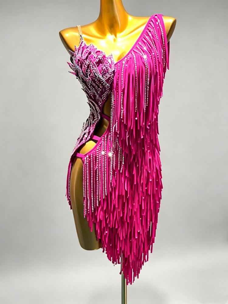 Custom Size Blue Fringe Latin Dance Dress with Crystals
