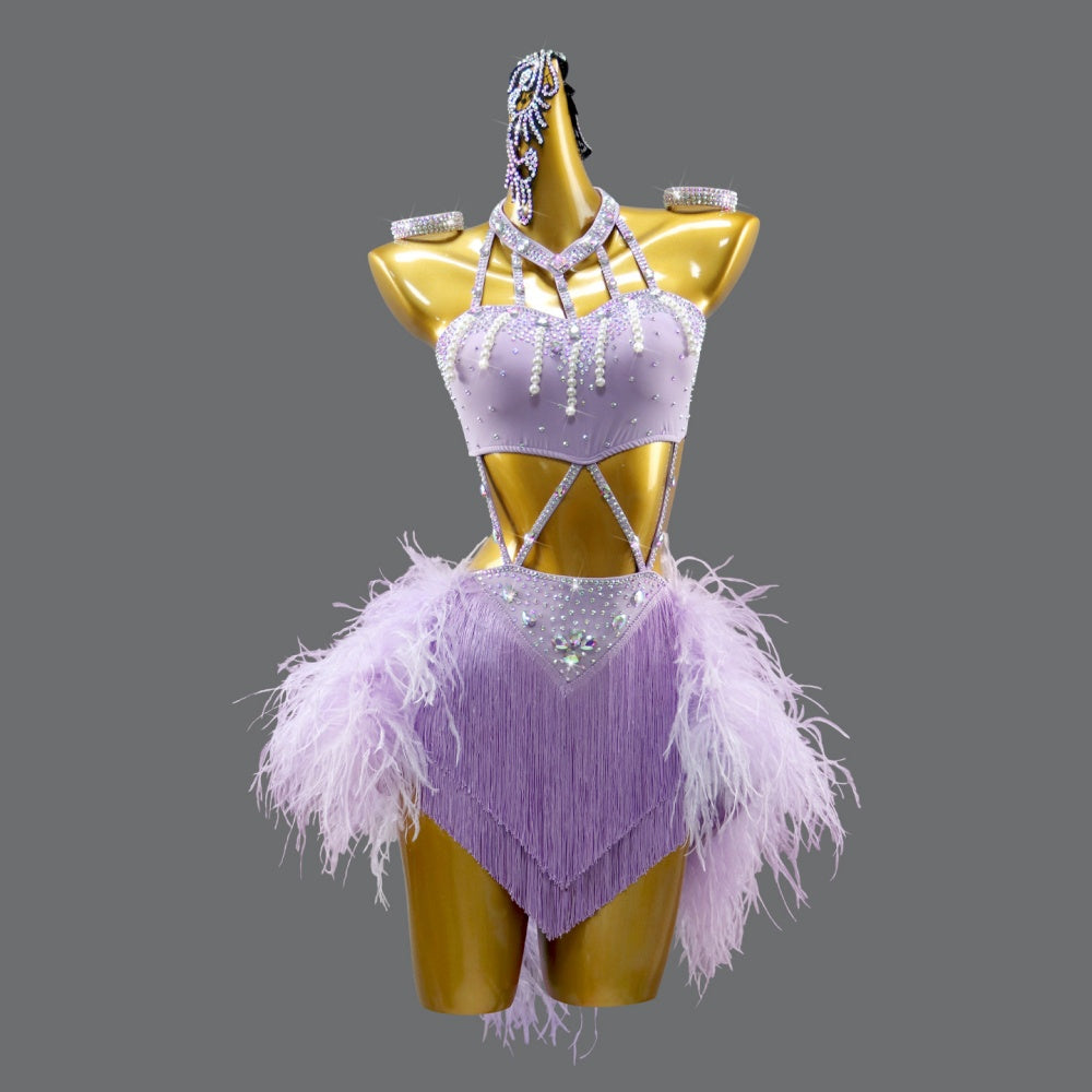 Custom Size Lavender Purple Latin Dance Competition Dress with Ostrich Feathers  Rhinestone Fringe for Women