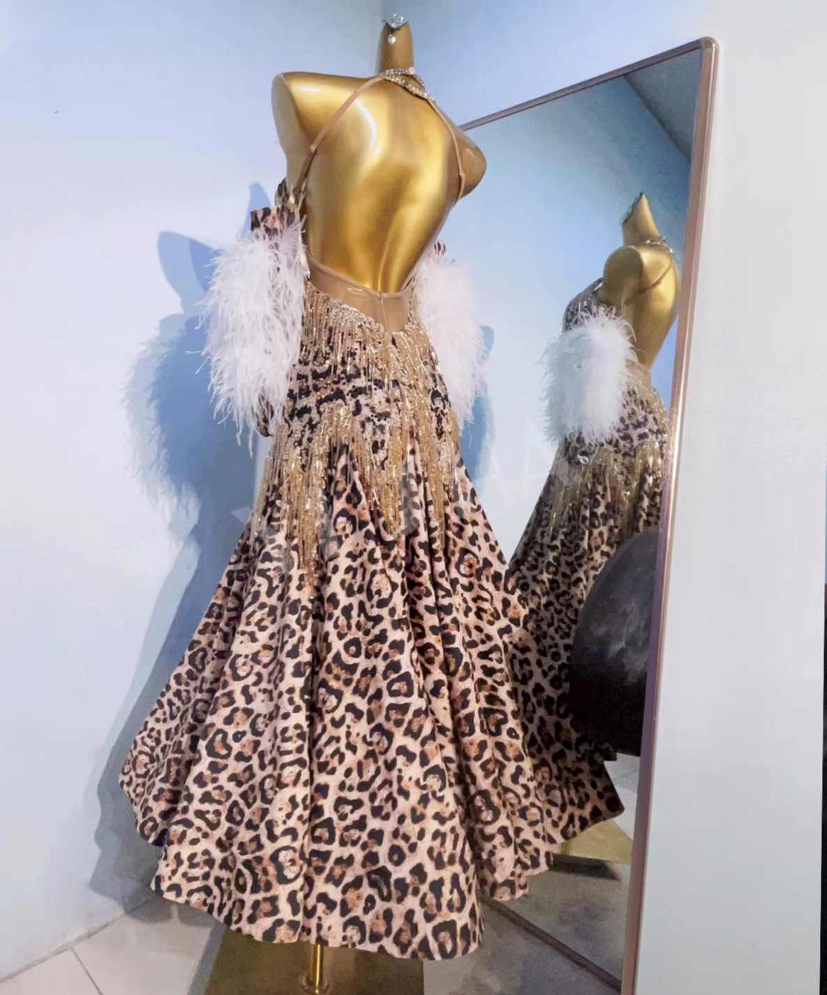 Custom Size Feather Competition Ballroom Dance Dress Leopard Blue Smooth Waltz Dance Costumes
