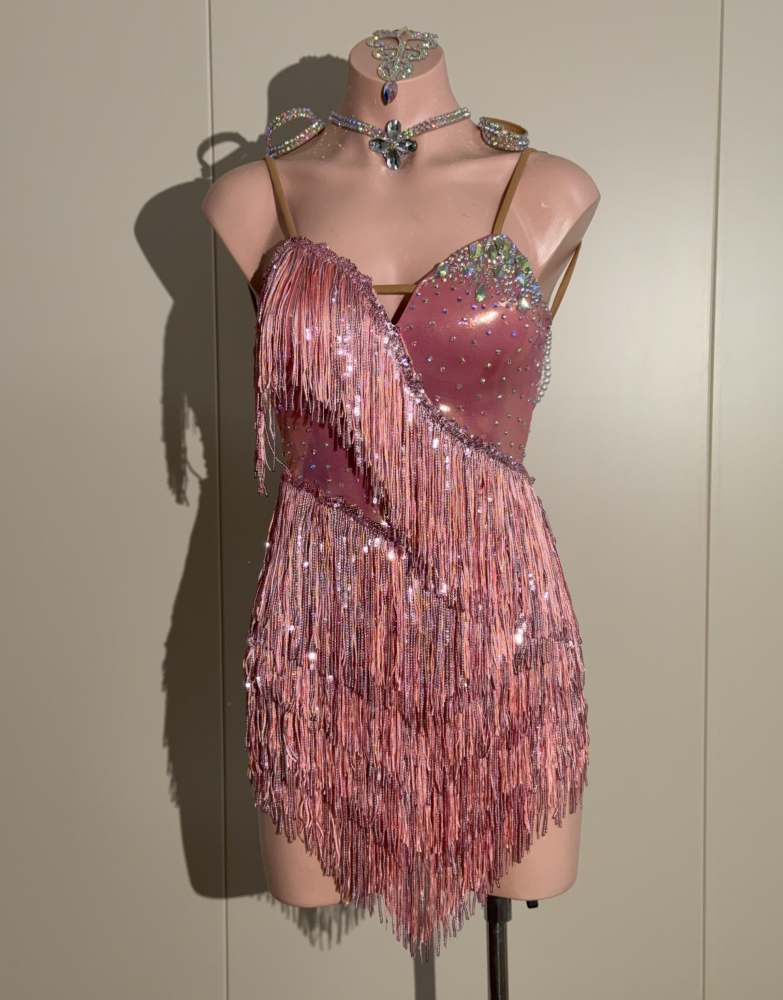 Custom Pink Fringe Latin Dance Dress with Sparkling Rhinestones Salsa Gown