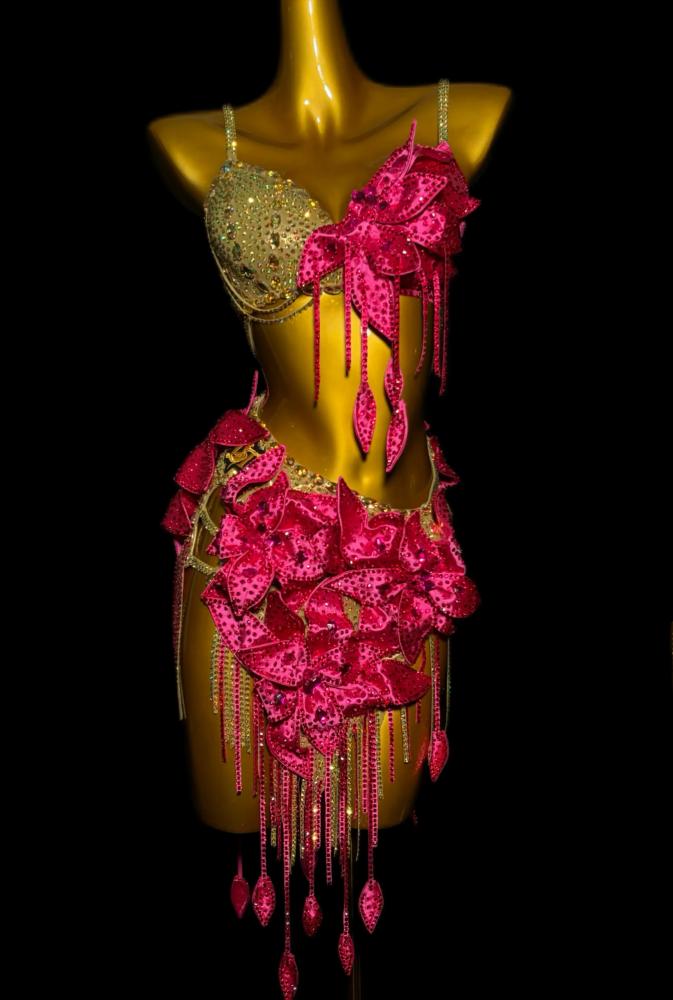 Custom Fuchsia Gold Crystal Petals Latin Dance Dress Competition Costume