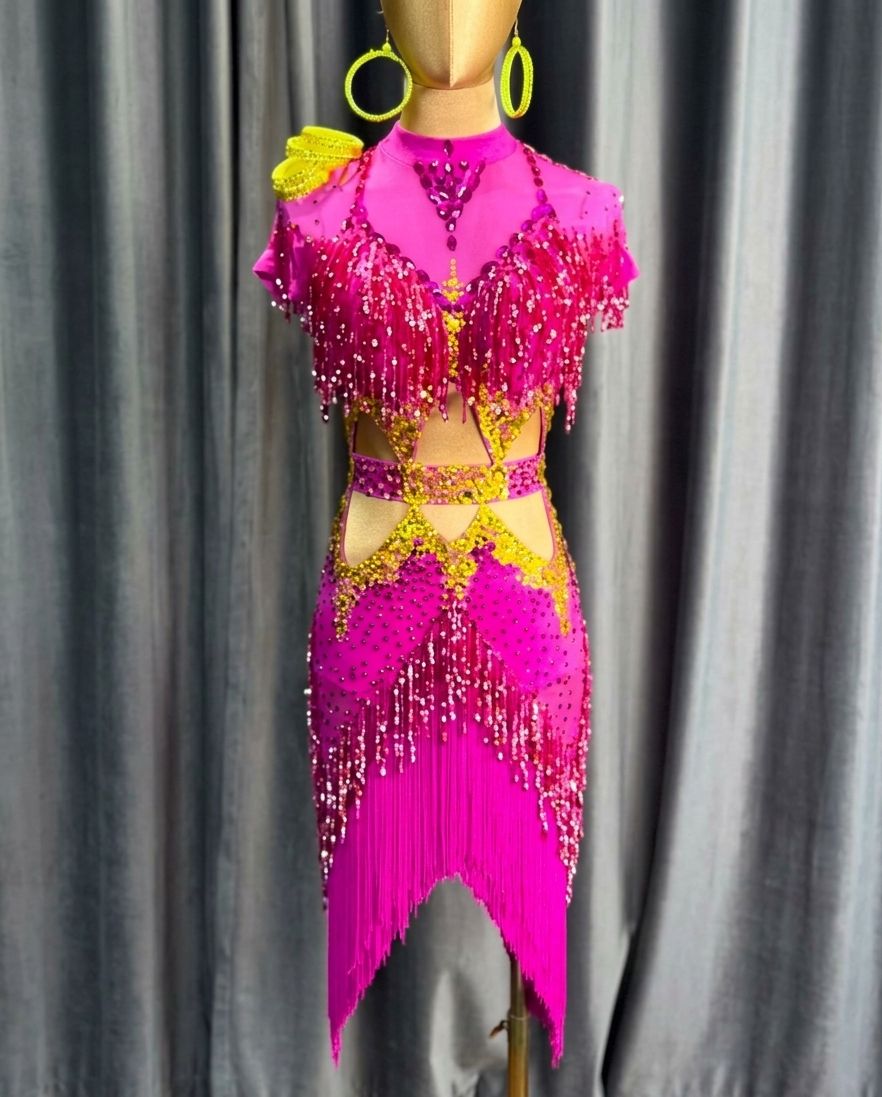 Custom Professional Pink & Gold Latin Competition Dress with Fringe & Crystals