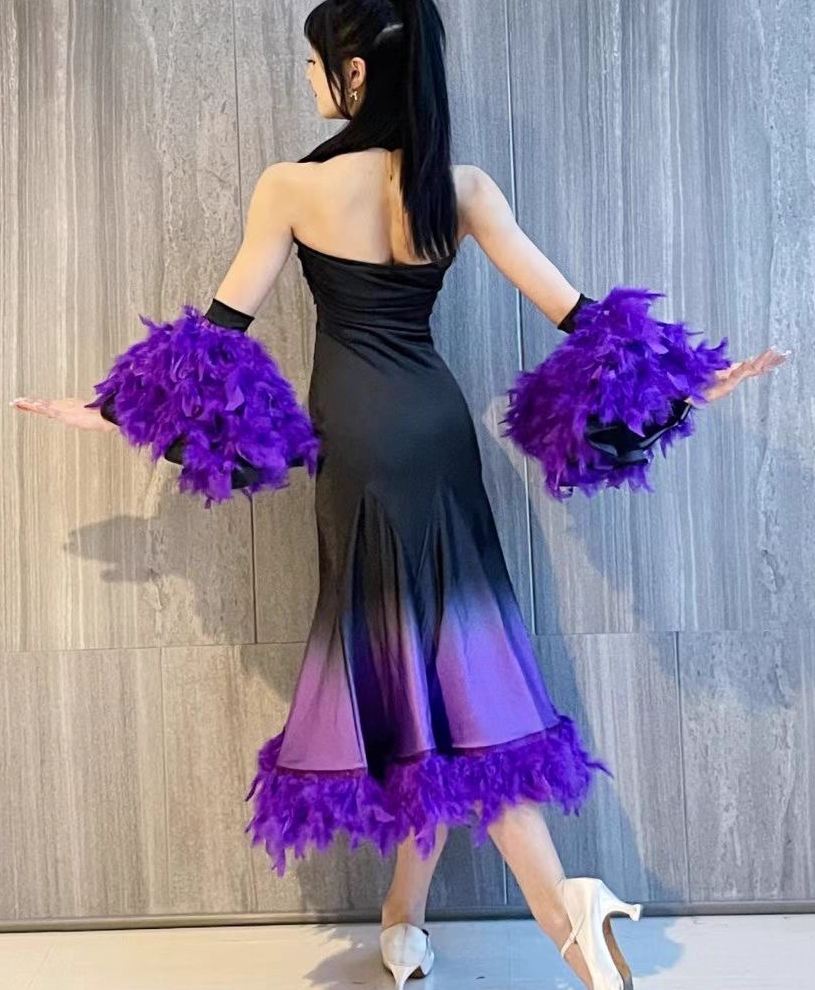Purple Featther Ballroom Dance Dresses for Women Girls Hater Neck Waltz Tango Sleeveless Swing Skirts - Moderndancedress.com