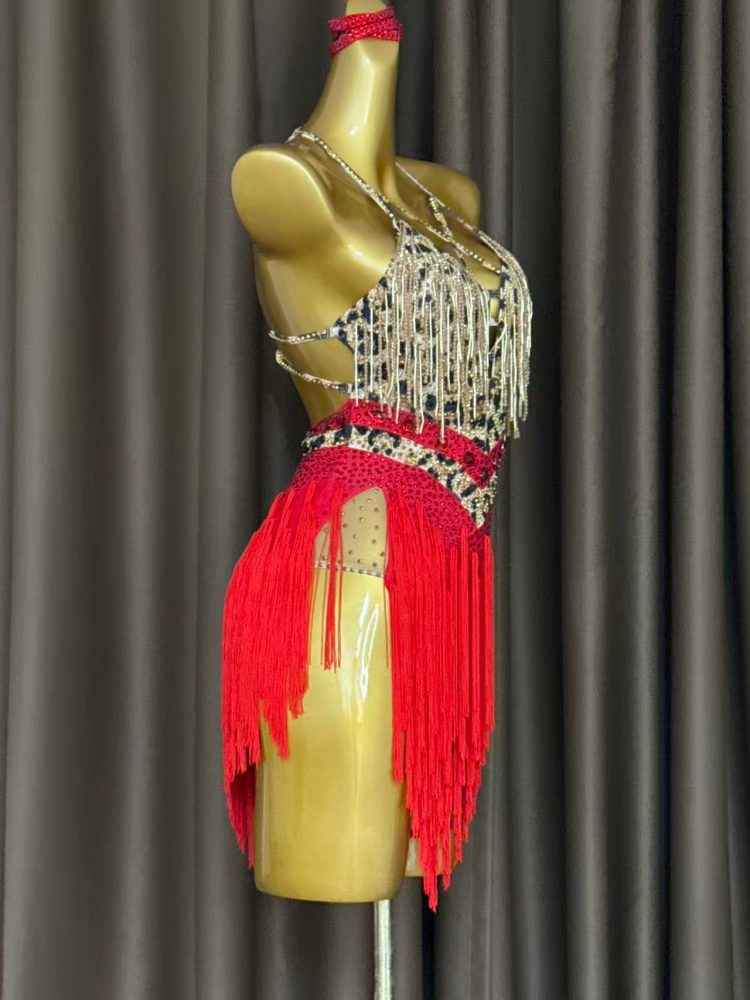 Custom Size Leopard Competition Crystal Latin Dance Dress with Red Tassel Skirt