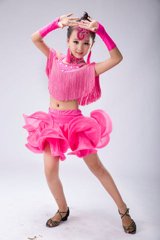 Girls orange pink blue Tassel Latin dance dresses children ballroom salsa rumba chacha performance dress modern dance performance outfits - Moderndancedress.com