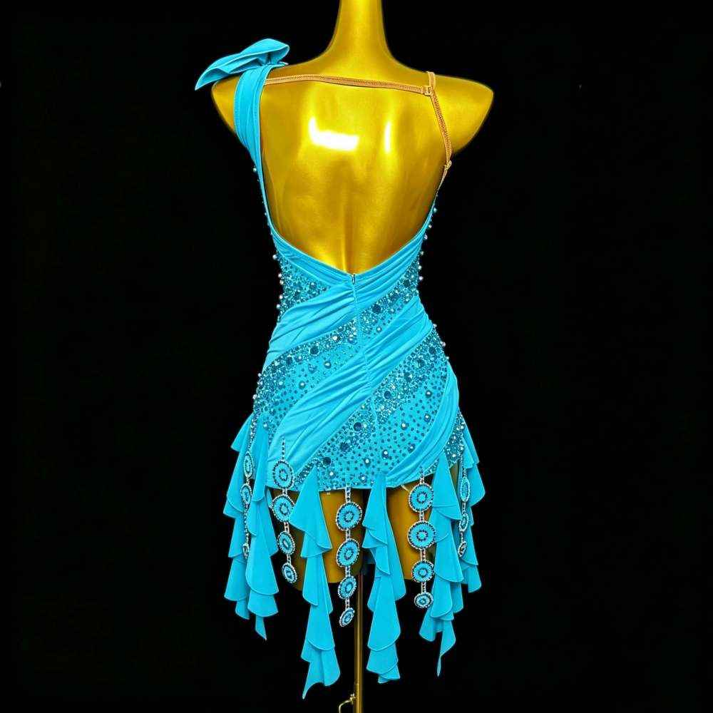 Custom Professional Fuchsia Latin Competition Dress - Blue Crystal Ruffle Gown