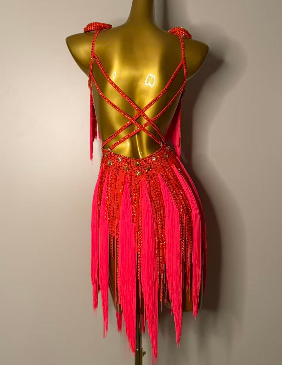 Custom Red Competition Latin Dance Dress V Neck Layered Fringe with Rhinestones