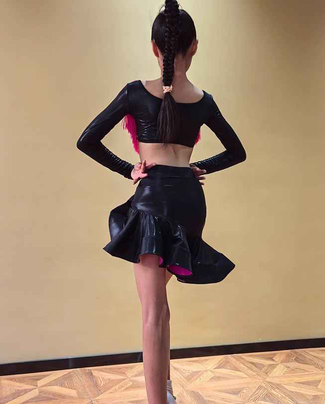 Girls Latin Dance Dresses Pink Fringe Salsa Rumba Chacha Kids Ballroom Dance Costumes Long-sleeved Clothes