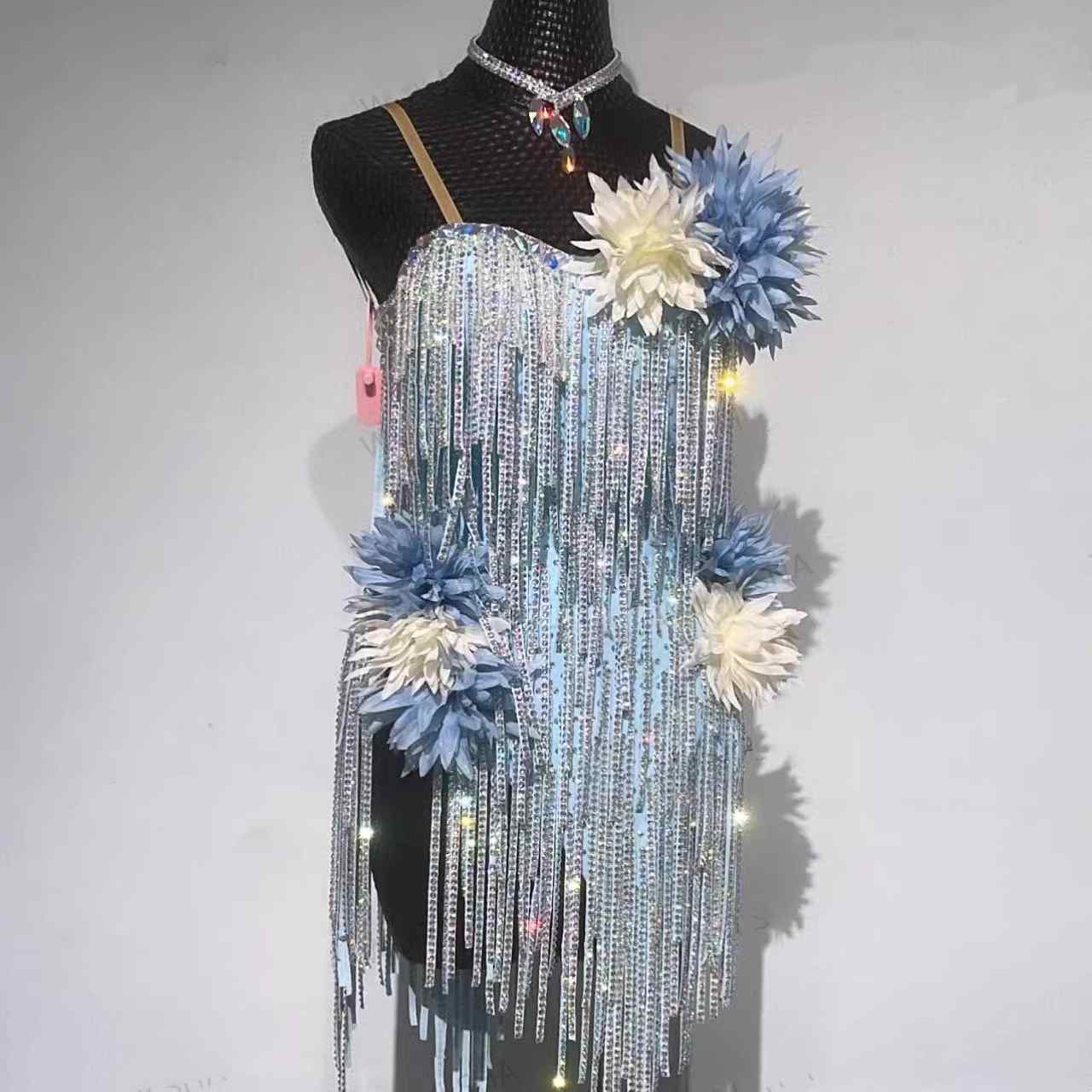 Custom Pink Blue Flowers Bling Competition Latin Dance Dresses for Women Girls - Moderndancedress.com