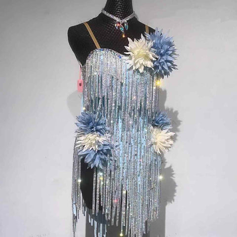 Custom Pink Blue Flowers Bling Competition Latin Dance Dresses for Women Girls