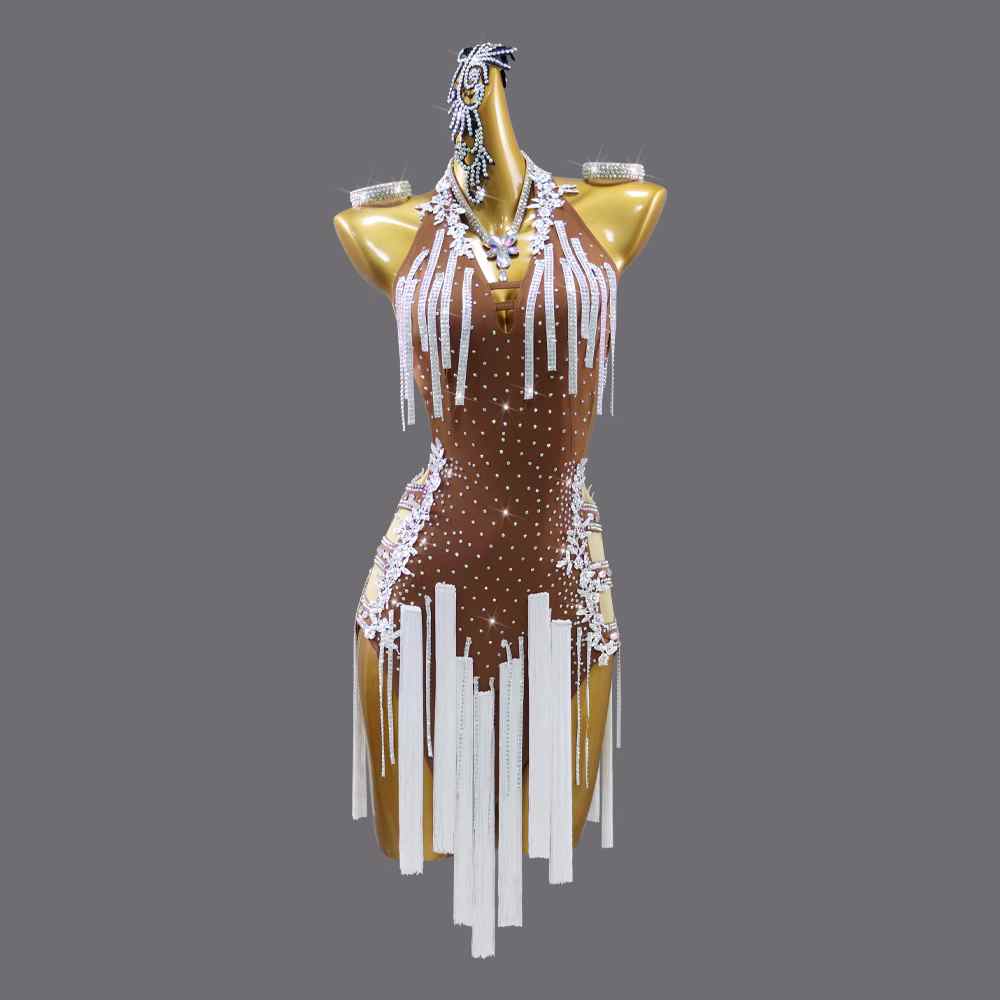 Brown White Fringe Competition Professional Latin Dance Dresses for Women Girls Salsa Rumba Chacha Rhythm Dance Performance Outfits Black Pool Dress - Moderndancedress.com