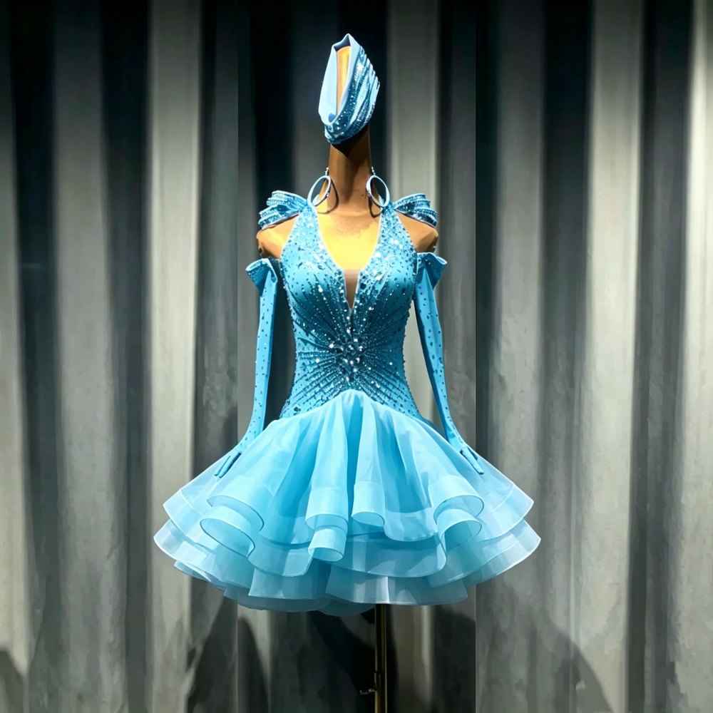 Custom Crystal Blue Latin Dance Dress - Hot Pink Rhinestone Ballroom Competition Dress