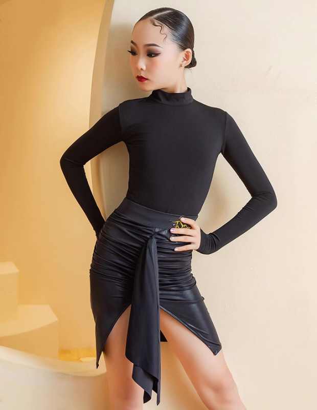 Girls Black Fringe Latin Dance Dresses for Kids Children Turtleneck Ballroom Latin Salsa Performance Class Uniforms Art Test Clothes - Moderndancedress.com