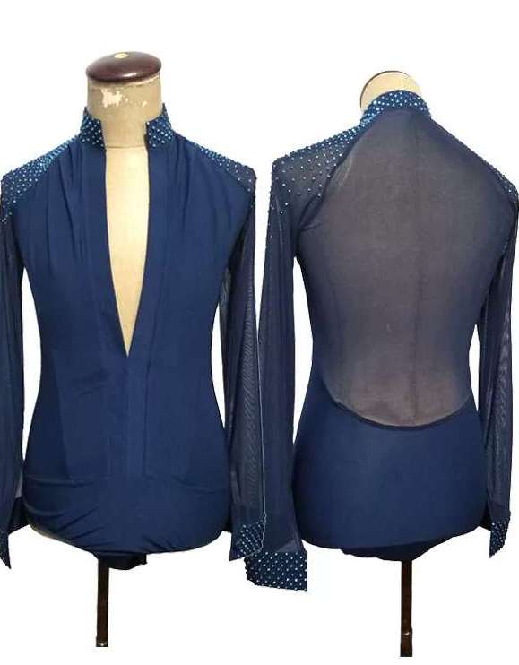 Custom Navy Blue Men's Latin Dance Shirt - Rhinestone Ballroom Leotard