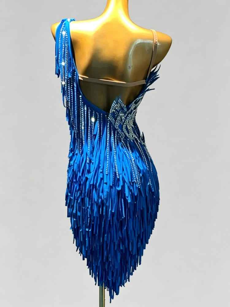 Custom Size Blue Fringe Latin Dance Dress with Crystals