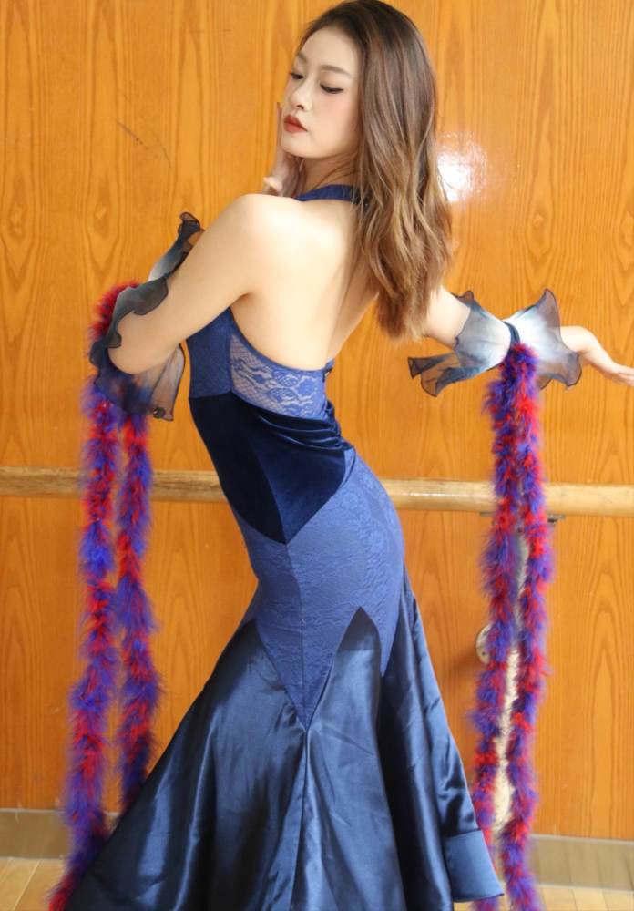 Navy Red Lace Feather Ballroom Dance Dresses for Women Girls Waltz Tango Modern Dance Costumes with Float Sleeves - Moderndancedress.com