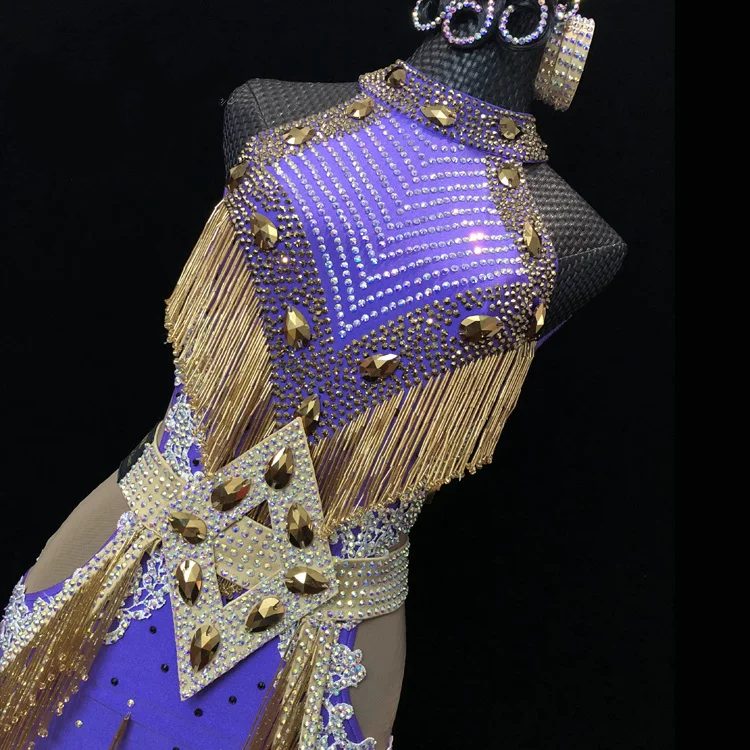 Lavender & Gold Halter Latin Dance Dress - Luxury Rhinestone Fringe Competition Wear