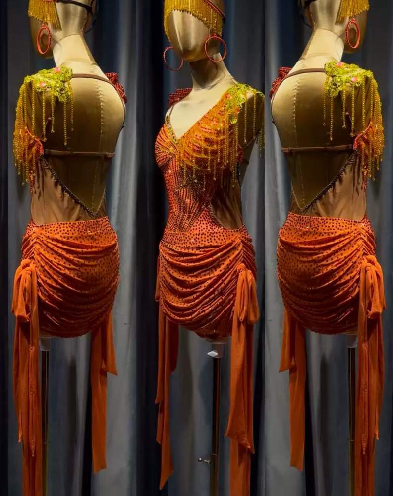 Custom Vibrant Orange Latin Dance Dress Rhinestone Fringe Competition Gown