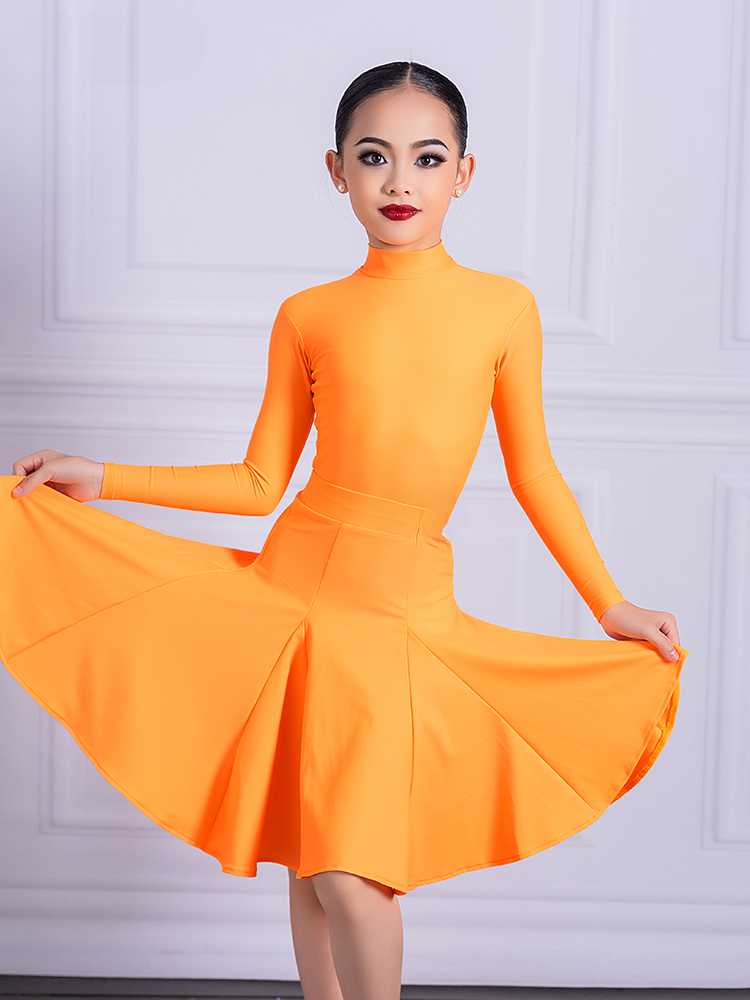 Orange green Latin dance regulations ballroom dance dress kids girls professional turtleneck salsa latin dance outfits for children - Moderndancedress.com