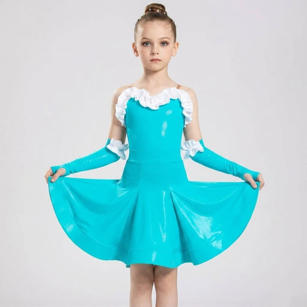 Girls Turquoise Blue Ballroom Dance Dress - Kids Shiny Metallic Latin & Waltz Competition Gown with Sleeves