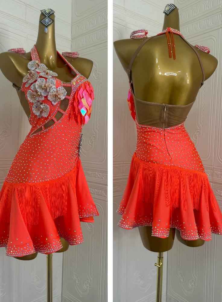 Custom Size Latin Dance Dresses Orange Salsa Rumba Chacha Blackpool Flower Costumes