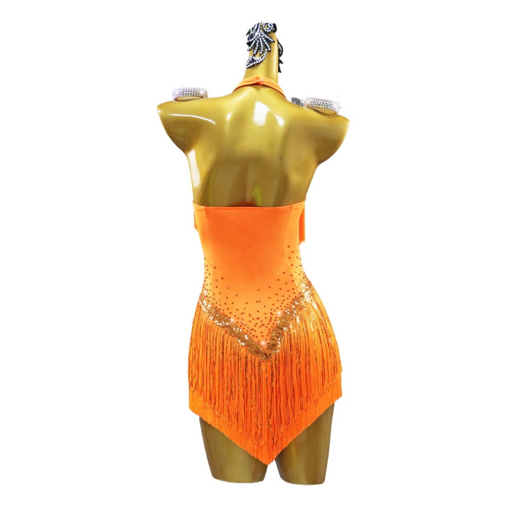 Orange Fringe Stone Latin Dance Dresses for Women Girls Salsa Rumba Chacha Competition Performance Costumes