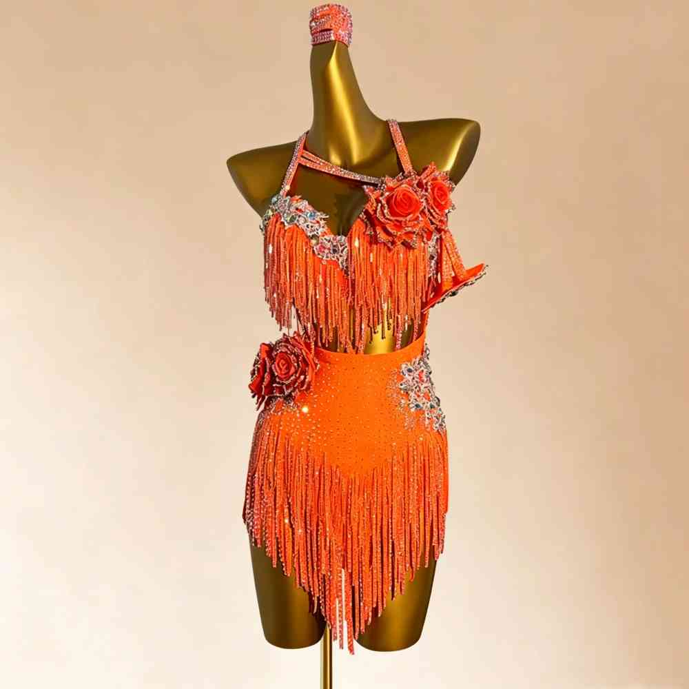 Custom Size Competition Latin Dance Dress for Women Orange Lavender 3D Rose Flowers Bling Salsa Chacha Dance Costume