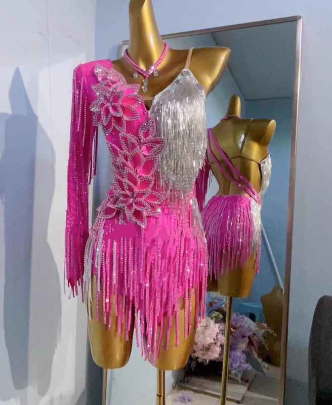 Custom Size Competition Latin Dresses for Women Girls Fuchsia Green Salsa Rumba Chacha Dance Costumes - Moderndancedress.com