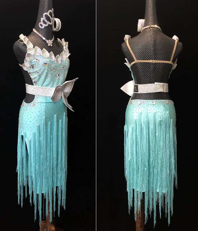 Custom Size Competition Mint Green Latin Dance Dress with Rhinestone Flower and Fringe
