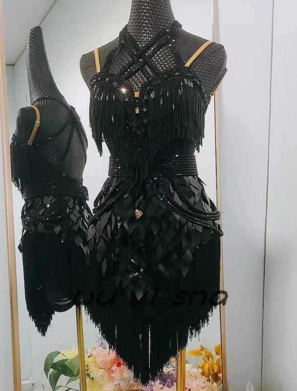 Custom Size Black Gemstones Competition Latin Dance Dresses for Women Girls Salsa Rumba Chacha Performance Costumes