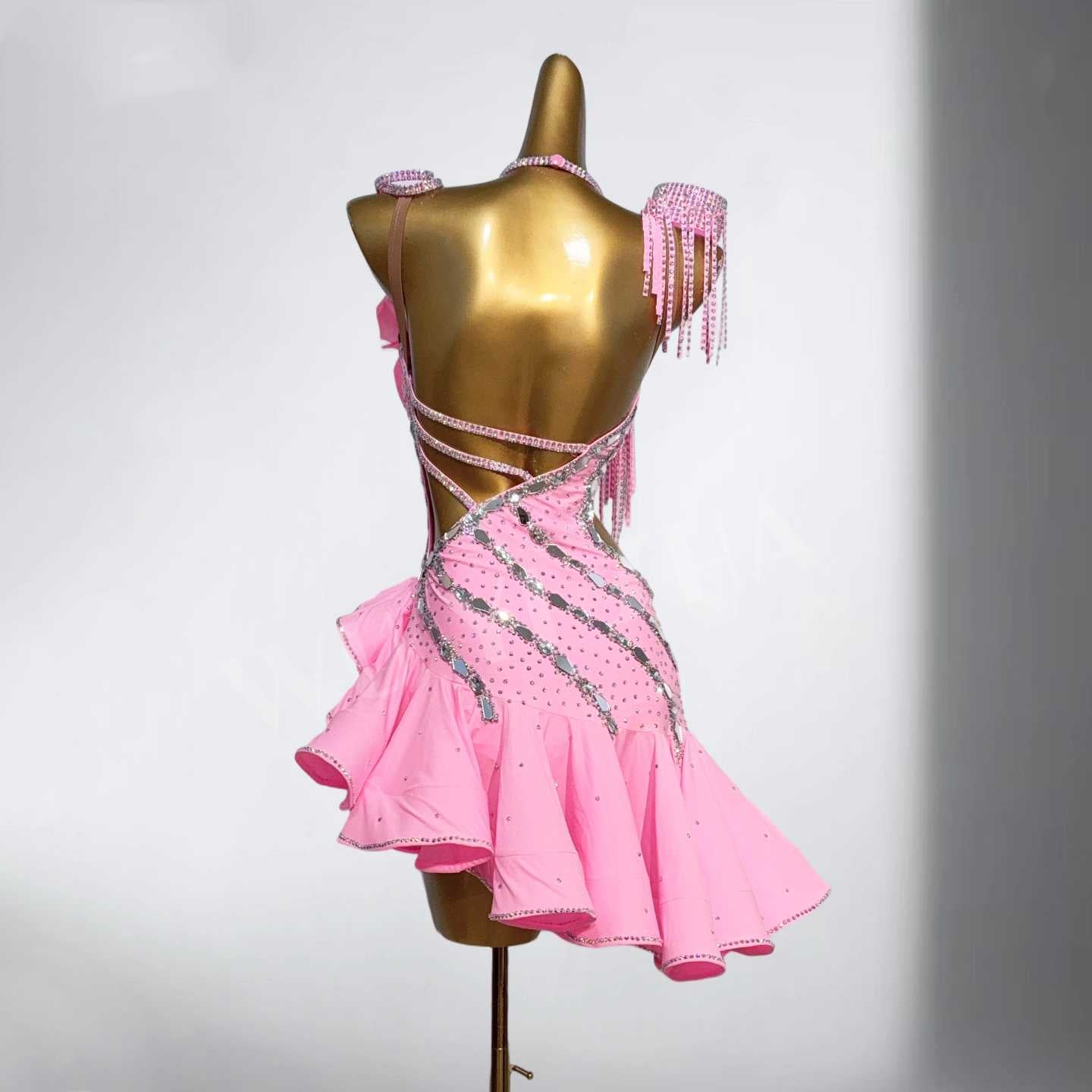 Custom Size Pink Competition Latin Dance Dresses for Women Girls Salsa Rumba Chacha Dance Costumes Inclined Skirts - Moderndancedress.com