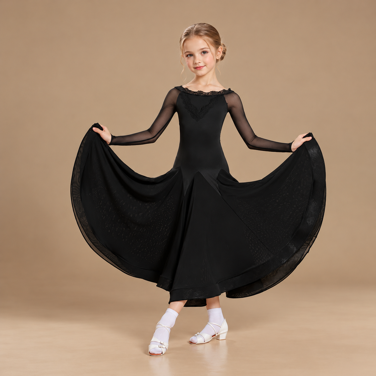 Girls Black Ballroom Dance Dress - Mesh Long Sleeve Waltz Costume
