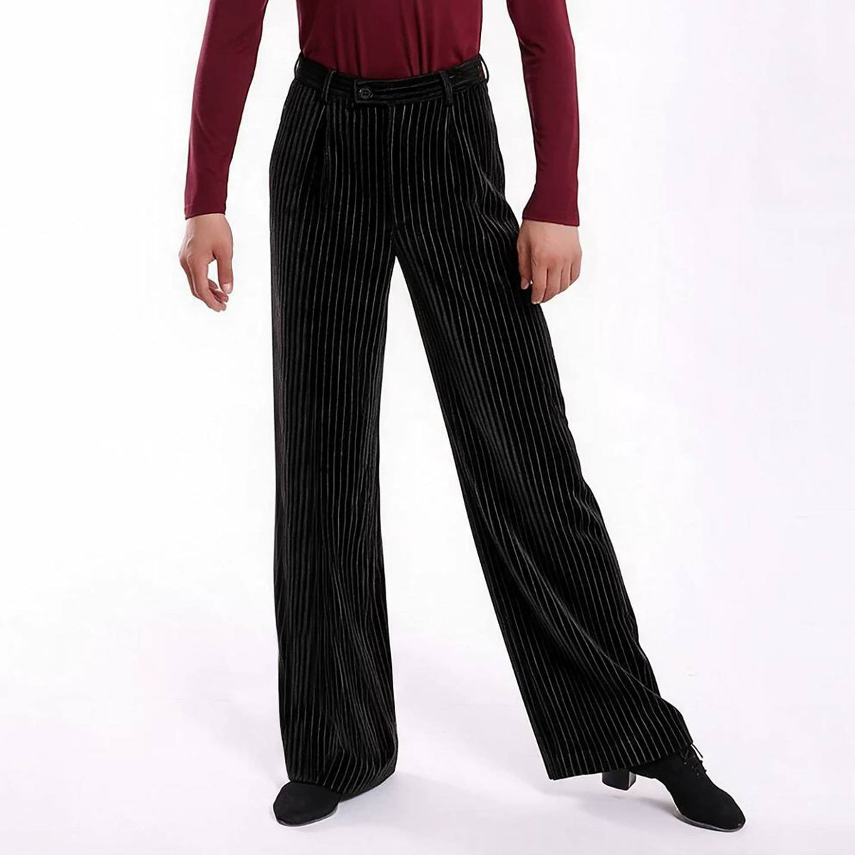 Men's Ballroom Latin Dance Pants Velvet Stripe Wide Leg Waltz Tango Dancing Trousers