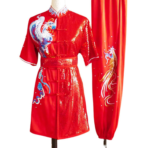 Custom Size Red Phoenix Wushu Competition Clothing for Women Embroidered Martial Arts Clothes Changquan Kungfu Art Exam Uniform