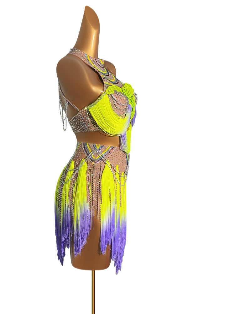 Custom Size Yellow Purple Fringe Competition Latin Dance Dresses for Women Girls Salsa Rumba Chacha Dance Costumes - Moderndancedress.com