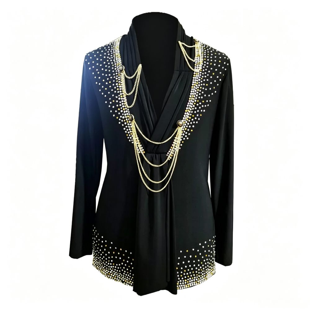 Custom Size Men's Black Cowl Neck Rhinestone Ballroom Latin Dance Shirt with Layered Chains